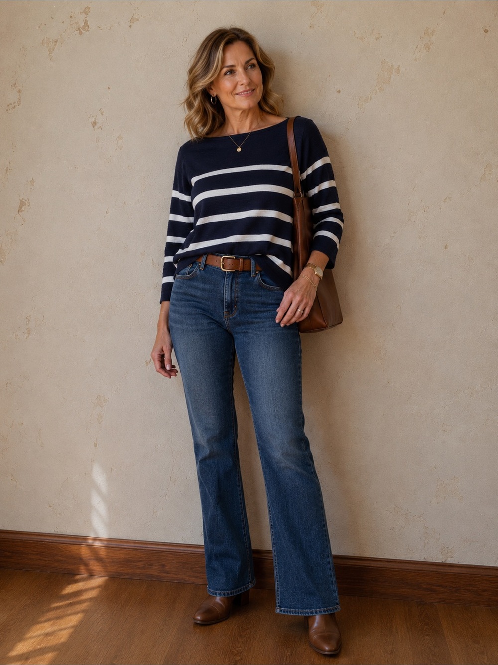 LOFT Navy Blue & White Striped 3/4 Sleeve Cotton Sweater Size Large L